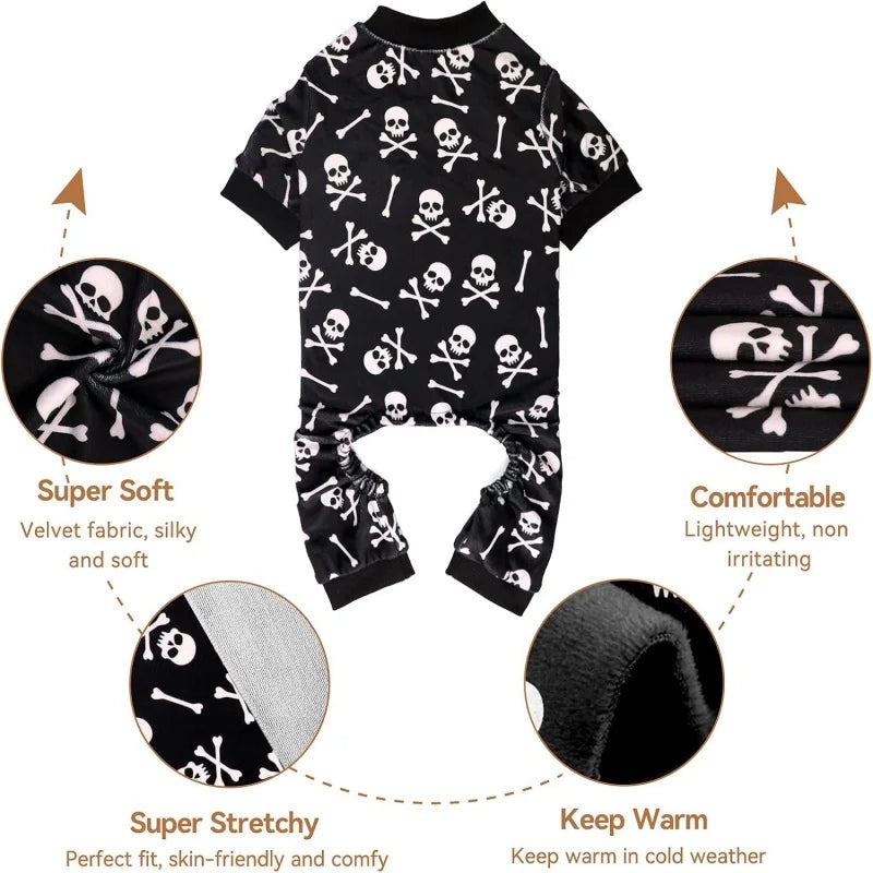 Dog Pajamas Halloween Dog Costume Short Plush Pet Pjs Skull Crossbones Super Soft and Stretchy Pet Jammies