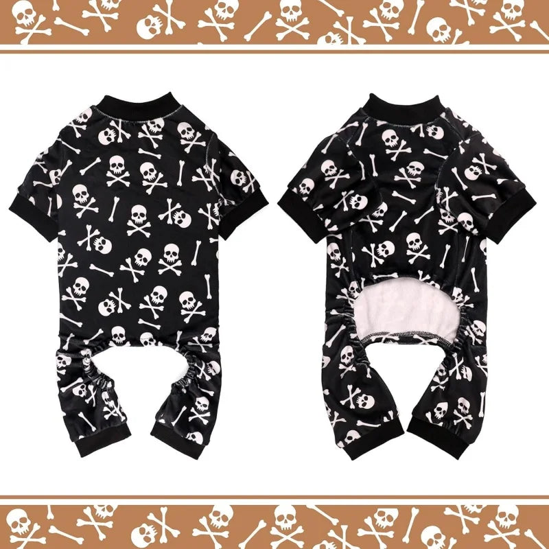 Dog Pajamas Halloween Dog Costume Short Plush Pet Pjs Skull Crossbones Super Soft and Stretchy Pet Jammies