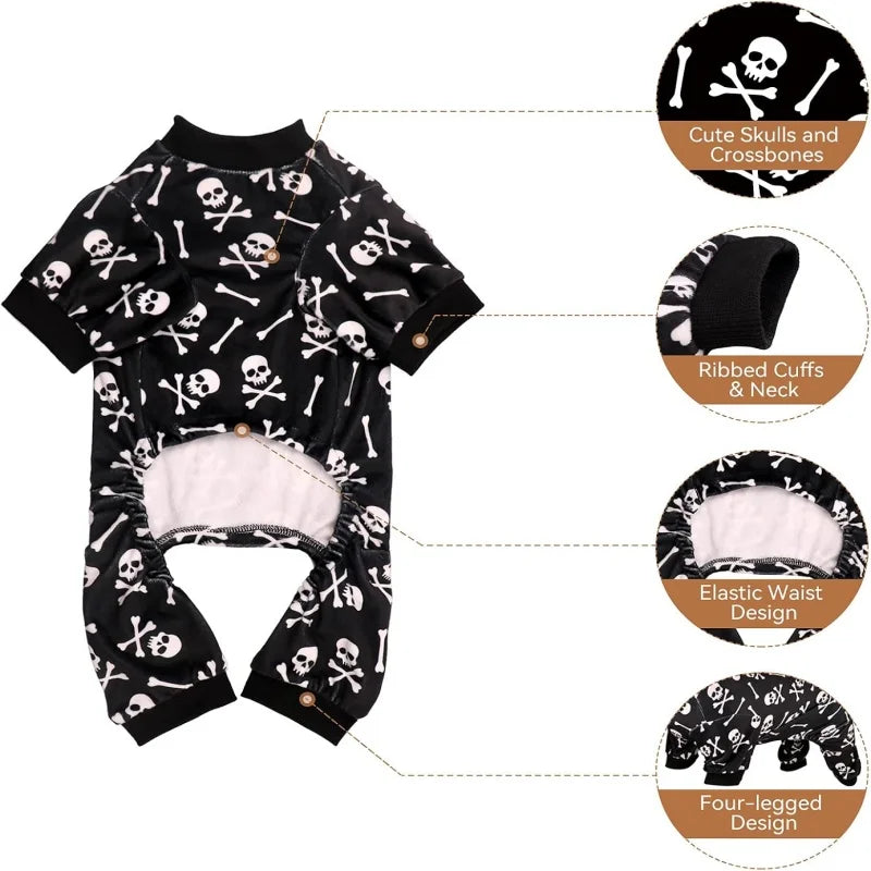 Dog Pajamas Halloween Dog Costume Short Plush Pet Pjs Skull Crossbones Super Soft and Stretchy Pet Jammies